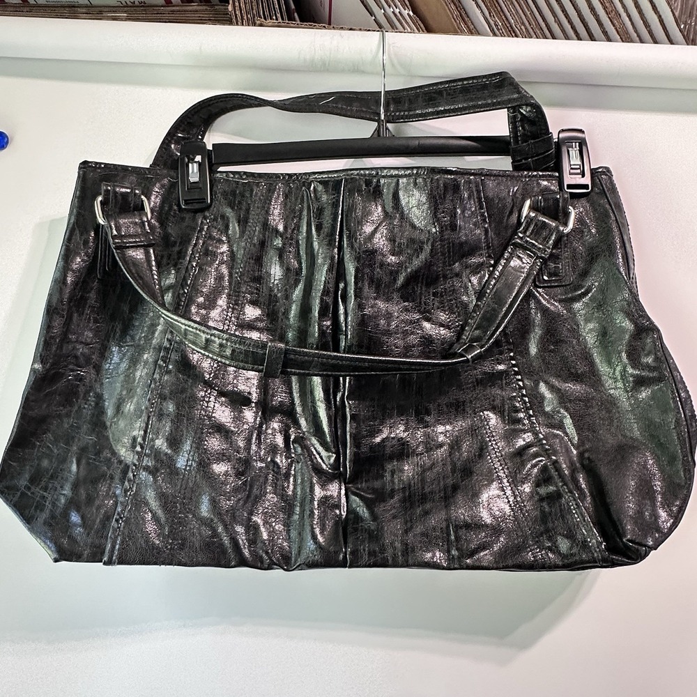 Y2K Black Faux Leather Tote Bag Large Slouchy Shoulder Purse Distressed 2009